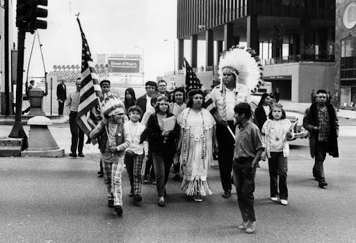 Chicago, October 12, 1970: not allowed to walk in the Columbus Day parade, protesters raise awareness to the idea of an “Indigenous People's Day.” (Photo Courtesy of Chicago Tribune)