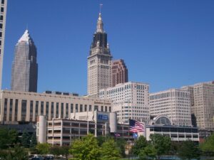 A photo of the downtown Cleveland skyline