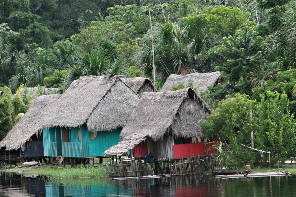Indigenous houses in the Amazon river basin near Iquitos, Peru