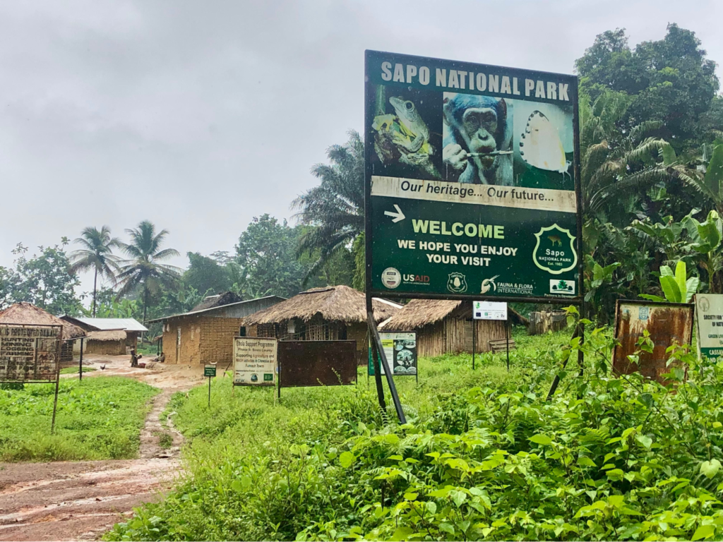 sign post welcoming visitors to sapo national park, a massive sustainable tourism in liberia