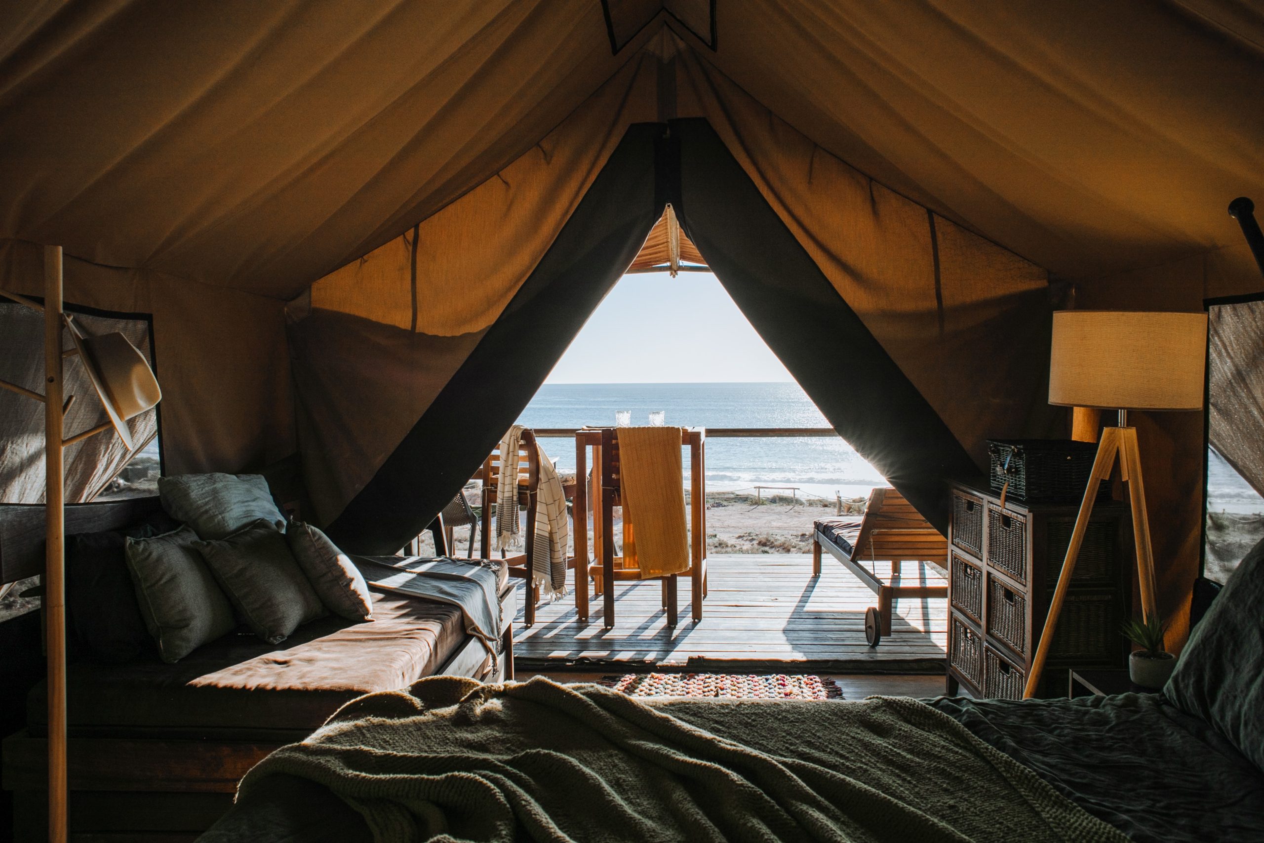 an ocean front tent where visitors can enjoy a covid free travel