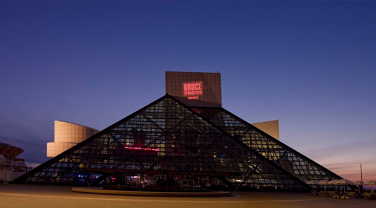 The iconic pyramid structure of the Rock & Roll Hall of Fame based in Cleveland, Ohio